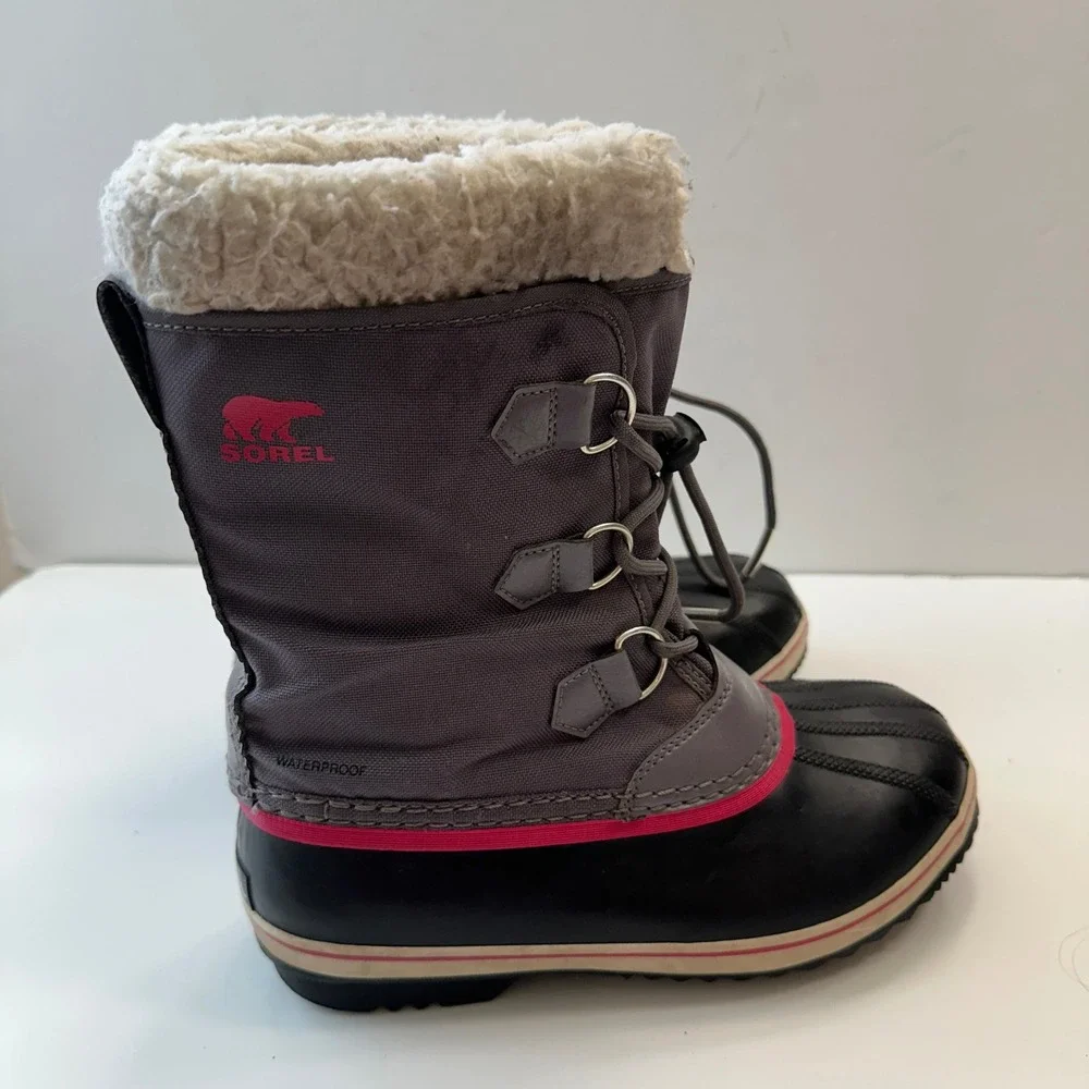 Sorel Waterproof Winter‎ Snow Boots Faux Fur Trim Lace Up Gray Pink Women Size 5
